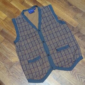 ALAN PLUSSER Cotton/Cashmere BUTTON UP Sweater Vest W/ Pockets PLAID Houndstooth